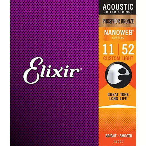 Elixir Phosphor Bronze Acoustic Guitar Strings with NANOWEB Coating, Custom Light (11-52)